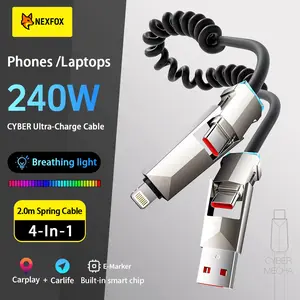 Cyber Cable - CarPlay for vehicles -  Phones｜Tablets｜Laptops - Spring Data Cable - Fast Charging Data Sync for IPhone 17 with USB A, Type C, and Lightning