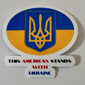 Stand with Ukraine Sticker - Featuring Ukrainian Flag Design and "THIS AMERICAN STANDS WITH UKRAINE" Text