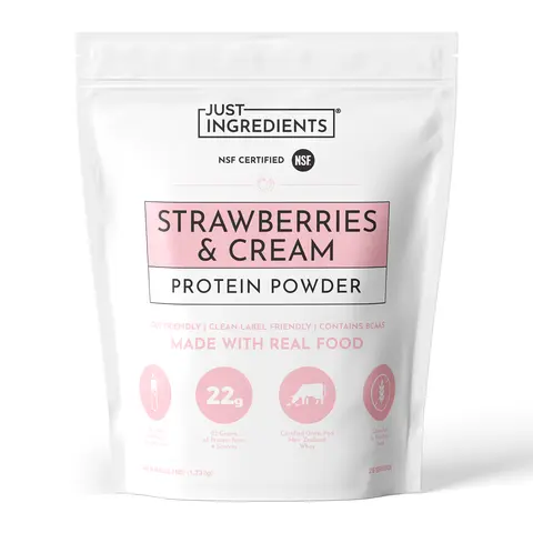 Just Ingredients Strawberries & Cream Protein Powder - 25 Servings - Supports Muscle Recovery & Energy* - Grass-Fed Whey & Organic Plant Proteins - 22g of Protein Per Serving - Gluten-Free - Made with Real Food - No Added Sugar