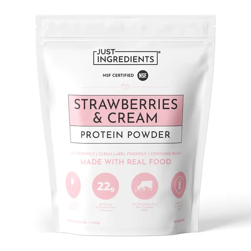 Just Ingredients Strawberries & Cream Protein Powder - 25 Servings - Supports Muscle Recovery & Energy* - Grass-Fed Whey & Organic Plant Proteins - 22g of Protein Per Serving - Gluten-Free - Made with Real Food - No Added Sugar