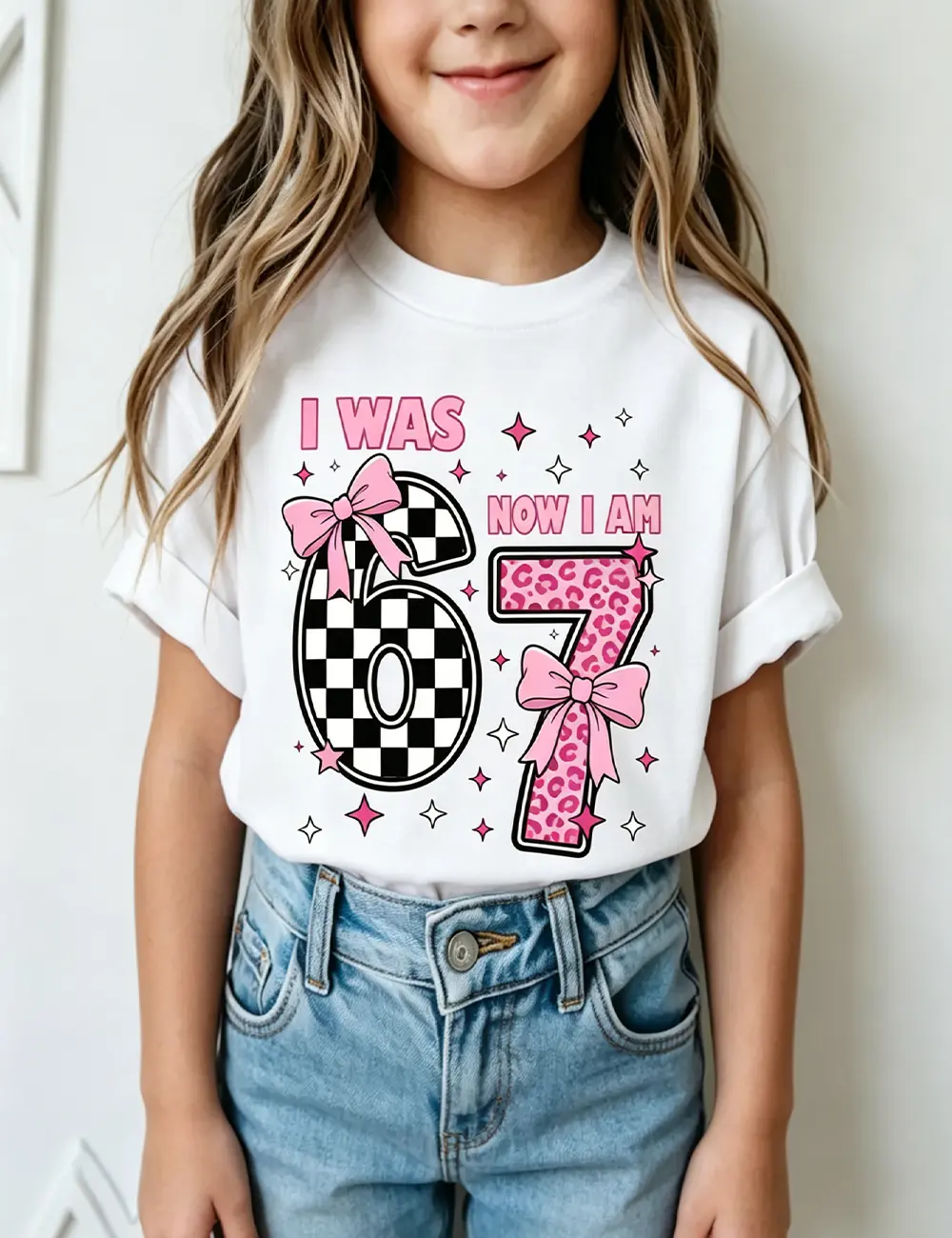 67 Shirt, 7 Year Old Girl Birthday Gift Shirt I Was Six Now Seven Retro Checkered Leopard Bow Graphic T-Shirt for Kids Birthday Party Supplies