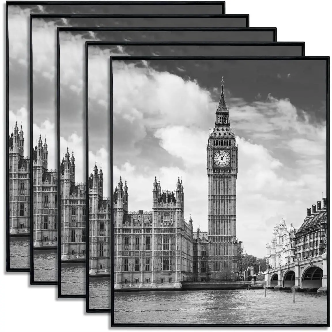 Minimalist Modern 8x10 Black Front-Loading Thin Profile Glass Photo Frames (Set of 5) - Wall Mount with Hook, Tabletop Mount, for Dining Room, Holiday, Bar Hotel Gallery Display, Easy Swap