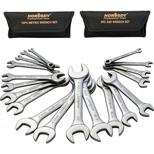 Thin Open End Wrench Set| Bike Wrench Set with Rolling| 19-Piece SAE & Metric| CR-V| 1/4" to 1-1/16" & 5.5mm to 27mm for Mechanics