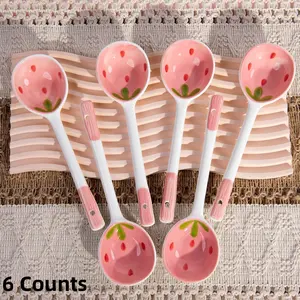 Cute Cartoon Strawberry Pattern Soup Spoons, Ceramic Porcelain Utensils for Coffee & Teas, Ideal for Ice Cream & Dessert Serveware, Tableware, Spoons Set