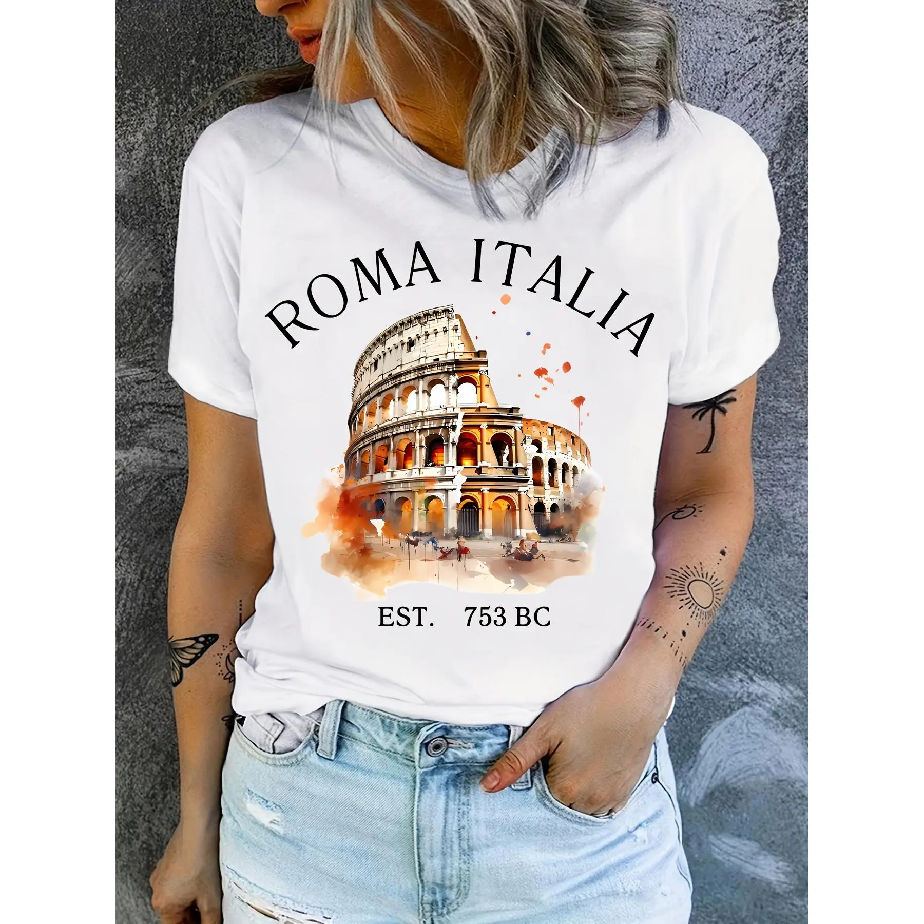 Minimalist Graphic T-Shirt for Women, Casual Loose-Fit Crew Neck Short Sleeve Polyester Top with Rome Colosseum Print, Tshirt, Lady, Machine Wash, All Seasons, Normal Type