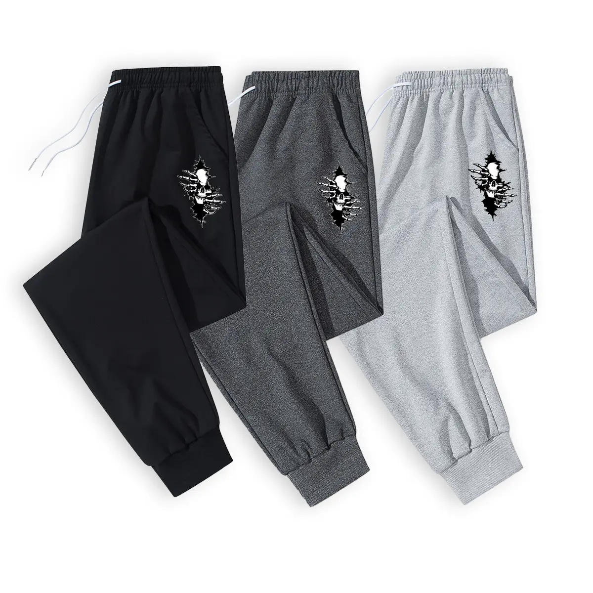 Men's Goth Joggers with Skeletal Skull Graphic, Tapered Close-Fit Edgy Streetwear for Casual Outings, Tapered Fit, Fitted