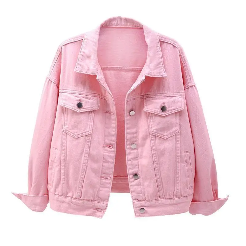 2025 New Women's Short Loose Long Sleeve Jacket Colorful Plus Size Denim Womenswear Coats Tops Comfort Outerwear Casual Batwing Collar Fitted Collared Pink com frts or bet Basic Minimalist（gift）