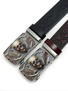 Men's Skull & Skeleton Print Automatic Buckle Belt, Fashion PU Leather Belt for Party, Daily Clothing Decor, Trendy All-match & Exquisite Belt for Birthday Gift, Halloween, Punk Belt