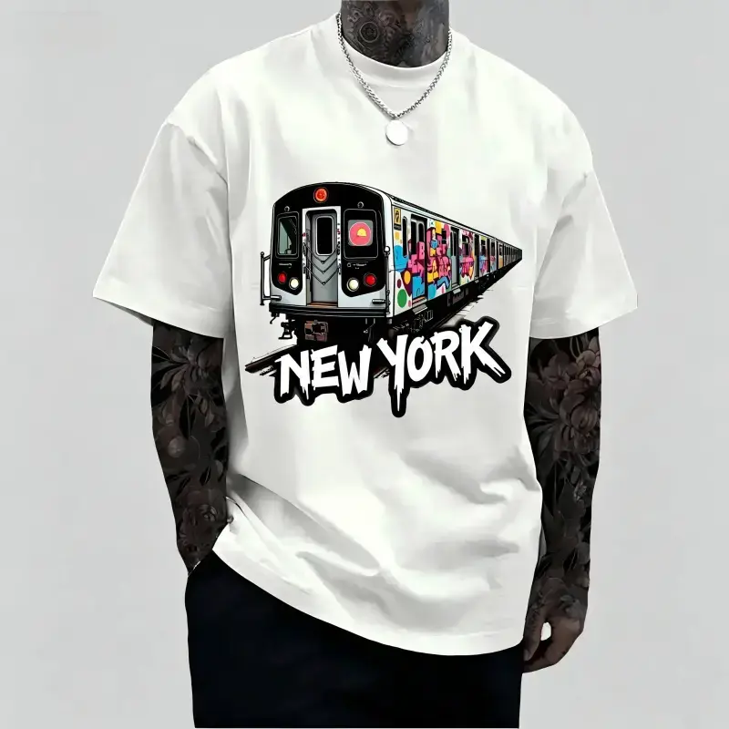 Men's Classic Streetwear T-Shirt with New York Subway Graffiti Print, Soft Cotton Shortsleeve Crew Neck for Everyday Urban Style, Tshirt, Fabric