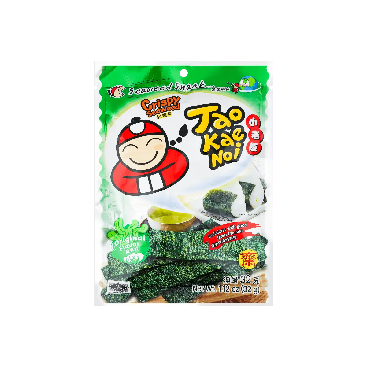Tao Kae Noi Big Sheet Crispy Seaweed Original Flavor 32g - Authentic Thai Snack, Ready to Eat Nori Strips