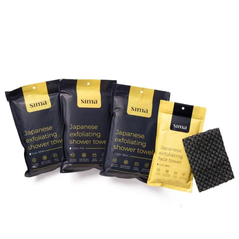 Sima Japanese Bamboo Charcoal Fiber Bath Exfoliating Towel Pack - 3 Shower Cloths, 1 Face Cloth, Antibacterial Silver, Gentle Exfoliation, Collagen Boost, Fine Line & Sun Damage Reduction, Exfoliating Mitt Alternative, Body Scrubber, Hexagon Woven
