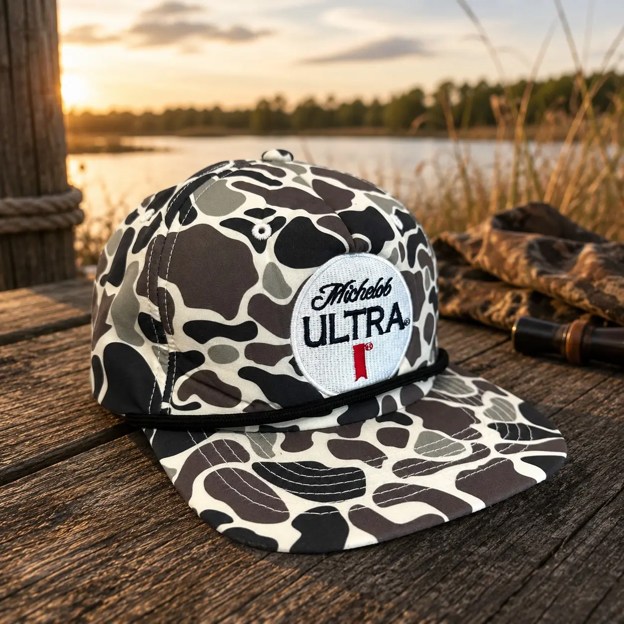 Michelob Ultra Duck Camo Rope Hat, Vintage Beer Patch Snapback Cap, Flat Bill Hunting Hat, Lake Fishing Outdoor Gift for Men