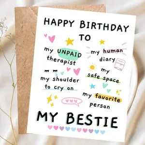 Cute Best Friend Birthday Card, Happy Birthday My Bestie Greeting Card, Unpaid Therapist Friendship Card, Human Diary Safe Space Birthday Card, Colorful BFF Birthday Gift, Sweet Funny Friend Birthday Card