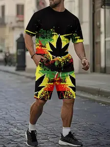 Street trendy cool reggae style men's 3D digital printed two-piece set, 2Pcs, trendy fashion set, trendy retro casual two-piece set, vacation style trendy outfit, breathable sporty casual style, a perfect holiday gift for men