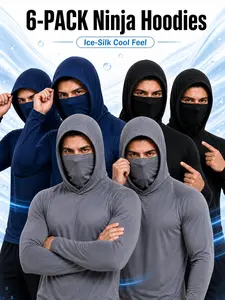 【6-Pack】men's outdoor work sun protection clothing with sun-blocking hoodie, featuring built-in face mask and neck guard, breathable long-sleeve hoodie Activewear Athletic Fitness Training Wear