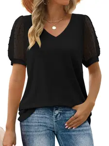 Plus Size Solid Color Basic V-Neck Sheer Short Puff Sleeve Top – Casual Loose-Fit Mesh Sleeve Blouse, Trendy Daily Street Style, Summer Vacation Matching Jeans, Y2K Aesthetic Clothes, Office Work Wear, Fitted Womenswear