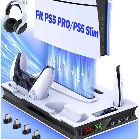 PS5 Stand & Cooling Station with Charging Dock, Enlarged Turbofan (3 Adjustable Levels), Overheat & Over-Voltage Protection, 3 USB Hubs, Type-C Ports, Headset Holder, Media Slot, Accessory Organizer for PS5 Slim/Pro Disc & Digital Consoles
