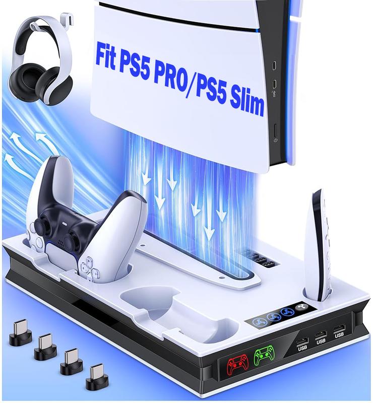 PS5 Stand and Cooling Station with Controller Charging Station for PS5 Slim/PS5/PS5 Pro, PS5 Accessories Incl,3 Levels Cooling Fan, 3 USB Hub, Headset Holder, Media Slot for PS5 Slim&PS5 Disc/Digital Console
