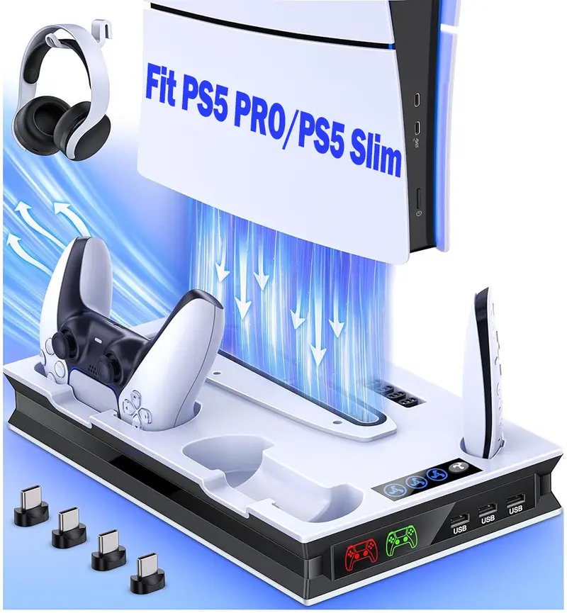 PS5 Stand and Cooling Station with Controller Charging Station for PS5 Slim/PS5/PS5 Pro, PS5 Accessories Incl,3 Levels Cooling Fan, 3 USB Hub, Headset Holder, Media Slot for PS5 Slim&PS5 Disc/Digital Console