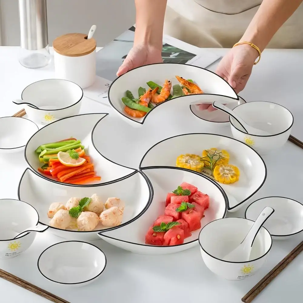 Ceramic Dinner Plate Set, 4/5 Counts/set Moon Shaped Dinner Plate with Sauce Dish, Household Food Tableware for Home Kitchen Dining Room Plates Bowls Sets