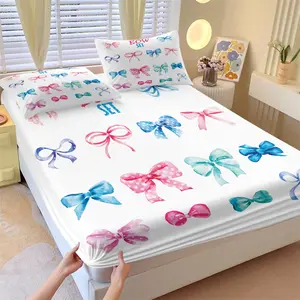 Watercolor Bowknot Fitted Sheet Set, 1 Fitted Sheet and 2 Pillowcases, White Base Color, Pink Blue Turquoise Colors Bow Tie, Soft Skin-Friendly Anti-Slip Wrinkle-Free, Fresh Simple Girlish Bedroom Decor for Female