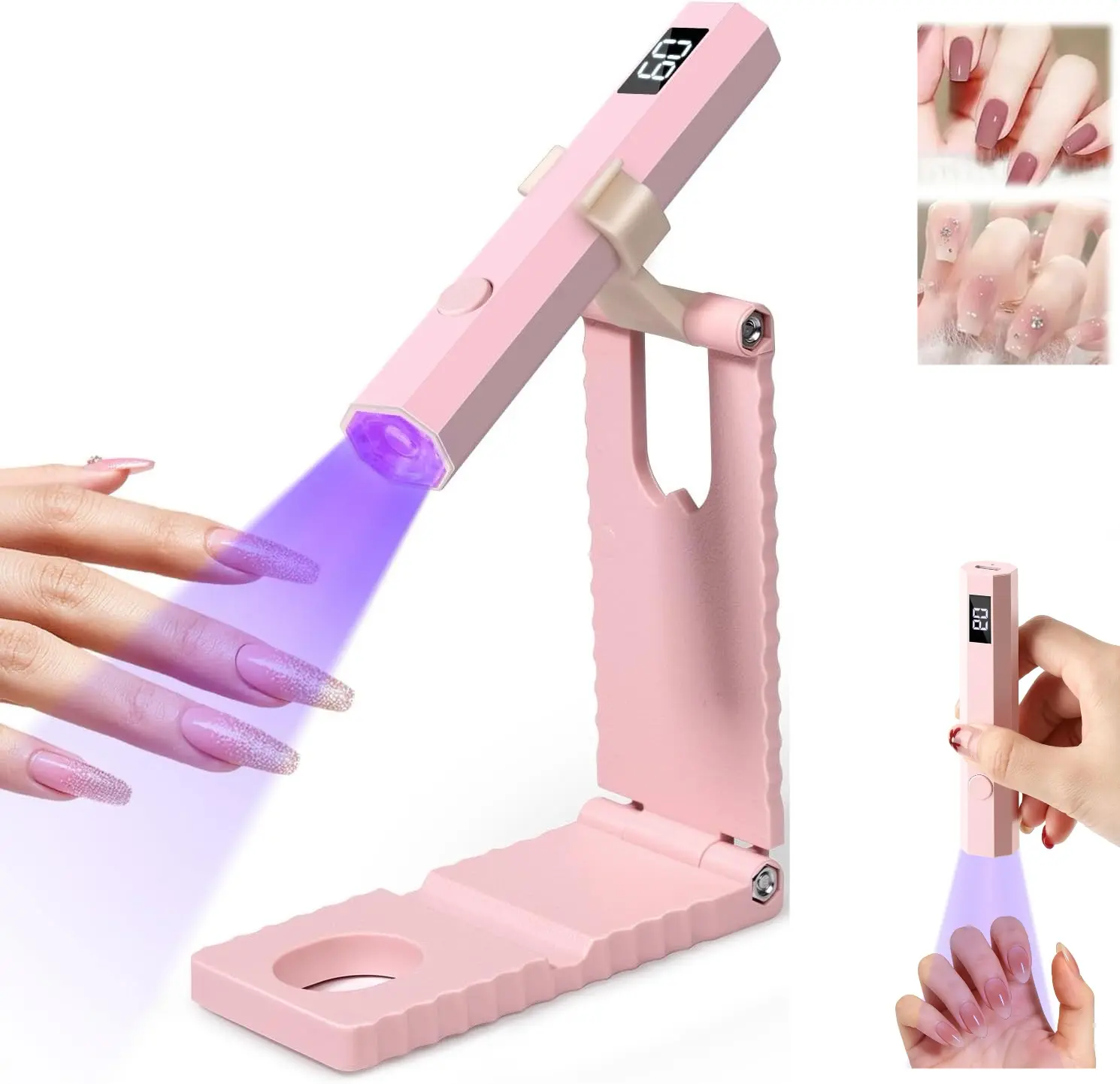 UV Nail Light, Cordless Nail Lamp with Stand, Mini Handheld UV Light with LCD Display for Gel Nails, Portable Led Lamp with 2 Timer Settings 20/60s for Gel Polish Home DIY Salon Use, Rechargeable USB Nail Dryer for Fast Curing (Pink)