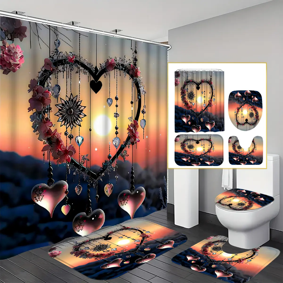 1/4pcs Sunset And Heart Bouquet Bathroom Collection - Non-Slip, U-Shaped Toilet, Toilet Seat Cover, Premium Shower Curtain with 12 Sturdy Hooks - Stylish Bathroom Decor And Additions, Suitable for All Seasons, Ideal for Home Bathroom Decoration