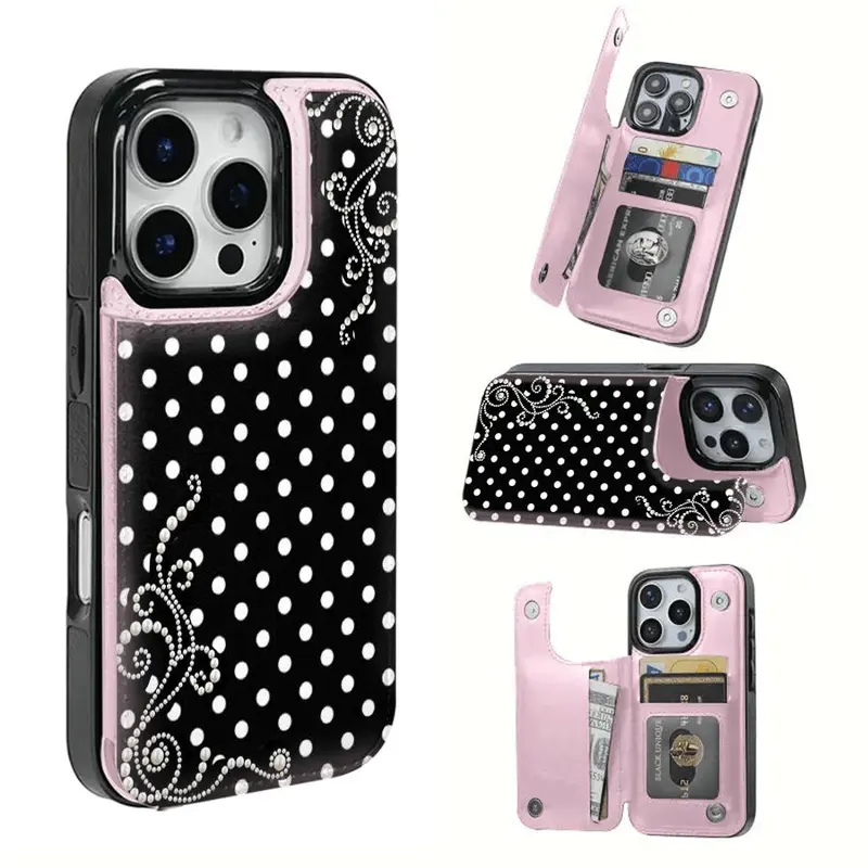 Pearl Polka Dot Leather Card Holder Cover Case - Smartphone Accessory For IPhone 18,17 Pro Max/Air,16,15,14,13,12,11 & Compatible With Samsung Galaxy S25 Ultra,S24,S23,S22 FE, Handheld Device Protection, Ideal Christmas/Valentine'S Day Gift