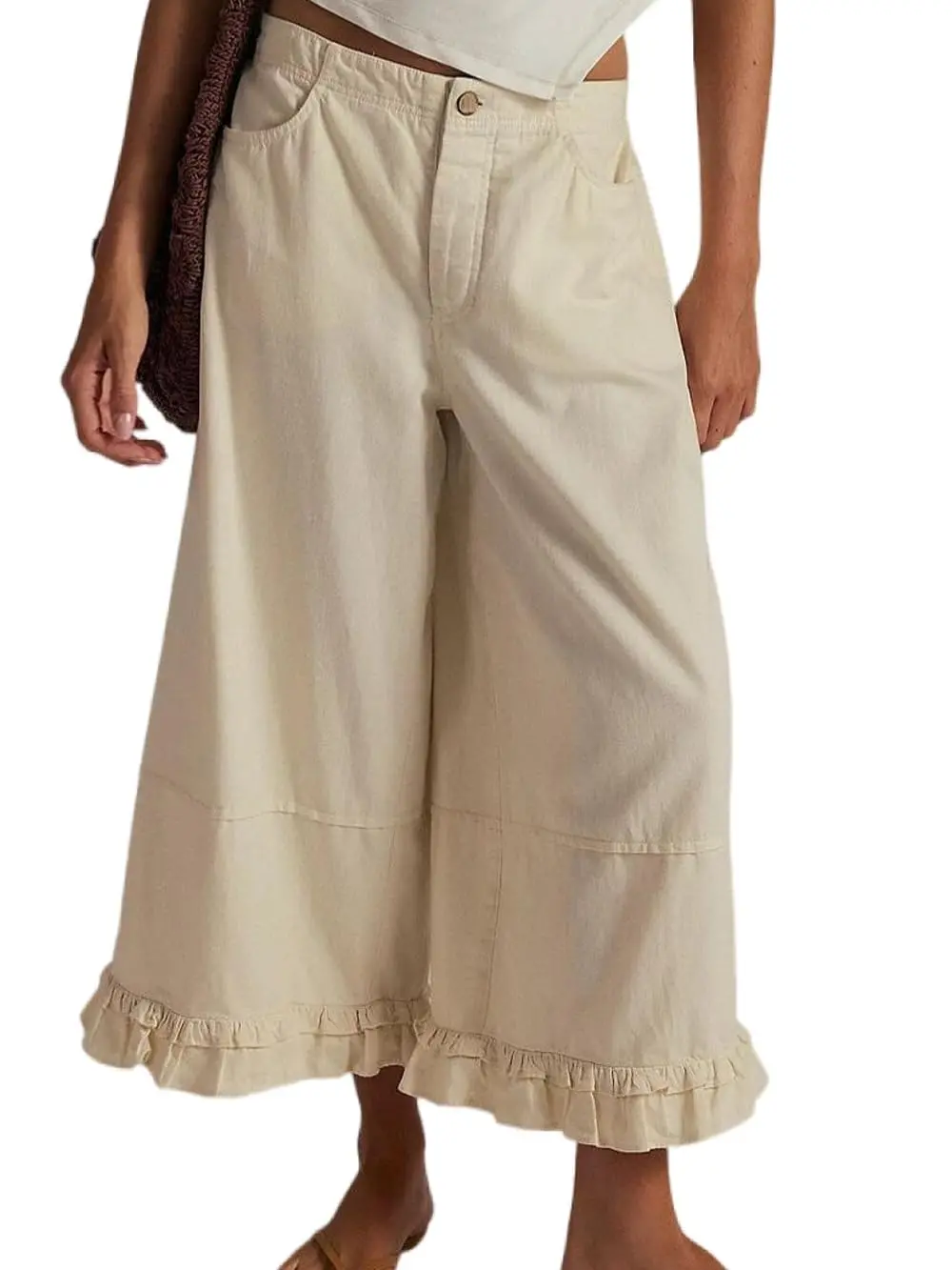 Ebossy Women's Loose-Fit Wide Leg Jeans, Cropped Denim Trousers with an Elastic Waist and Ruffle Hem, Bottom