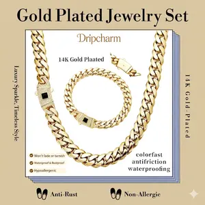 [New Upgraded Set] 14K Gold-Plated Cuban Necklace & Bracelet Set with White Stone Inlay Anti-Rust Waterproof 6mm-14mm Sizes Perfect Gift for All Occasions,summervibes