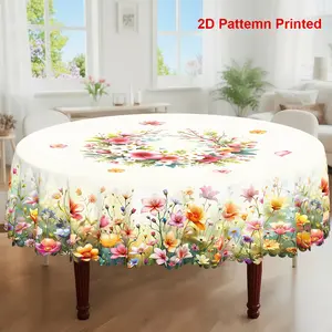 1pc, Spring Summer Themed Party Tablecloth, Colorful Lily Daisy Floral Printed Design, Rectangular/Round/Oval Table Cloth, Embossed Edge, Suitable For Picnic Dinner Kitchen Dining Room Decoration
