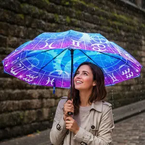 Zodiac Constellation Blue & Purple Pattern Windproof Travel Umbrella – Semi-Automatic Rain Umbrella