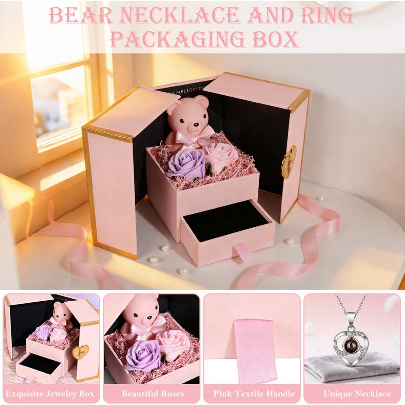 Valentine’s Day / Mother’s Day / Birthday Gift Box – Preserved Real Rose Eternal Flower Jewelry Storage Box with Double Open Surprise Bear and “I Love You in 100 Languages” Necklace