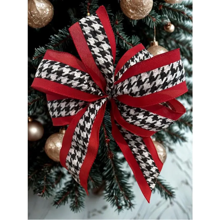 Black and White Houndstooth pattern with Red Border Wire Edge Ribbon 2.5 Inch Wide