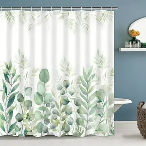 Bathroom Set, Includes Shower Curtain with 12 Hooks, Spring Eucalyptus Leaf Design, Bath Decor Accessories, U-Type Rod