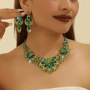 Exaggerated Atmospheric Green Crystal colorful Necklace Earring Bride Wedding Alloy  Female Accessories