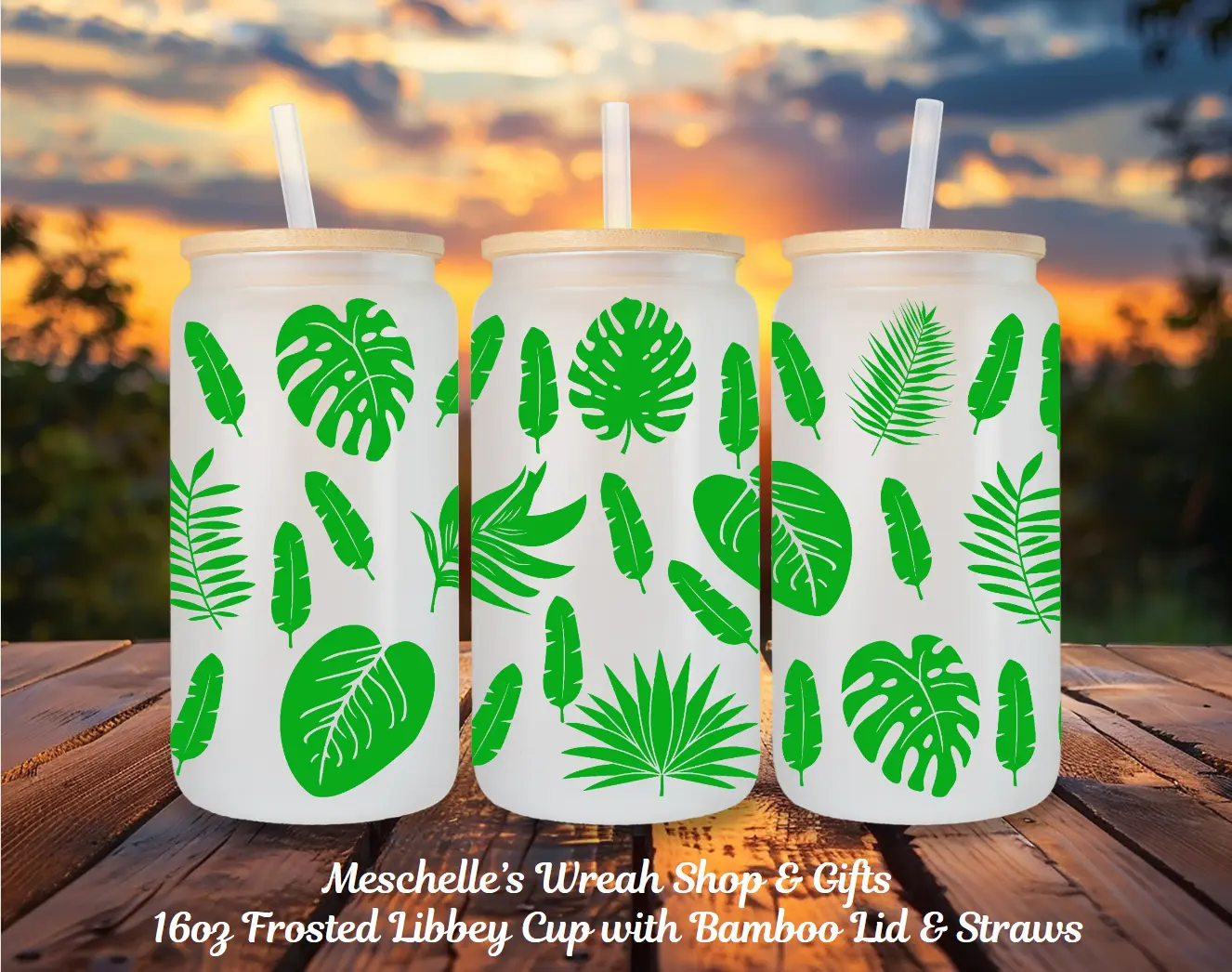 16oz Portable Frosted Fern Leaf Print Round Reusable Glass Tumbler Cup - Washable Hand Wash Kitchen Drinkware with Bamboo Lid, Included Straw, Ideal for Beer, Iced Coffee, Great to Treat Someone Special