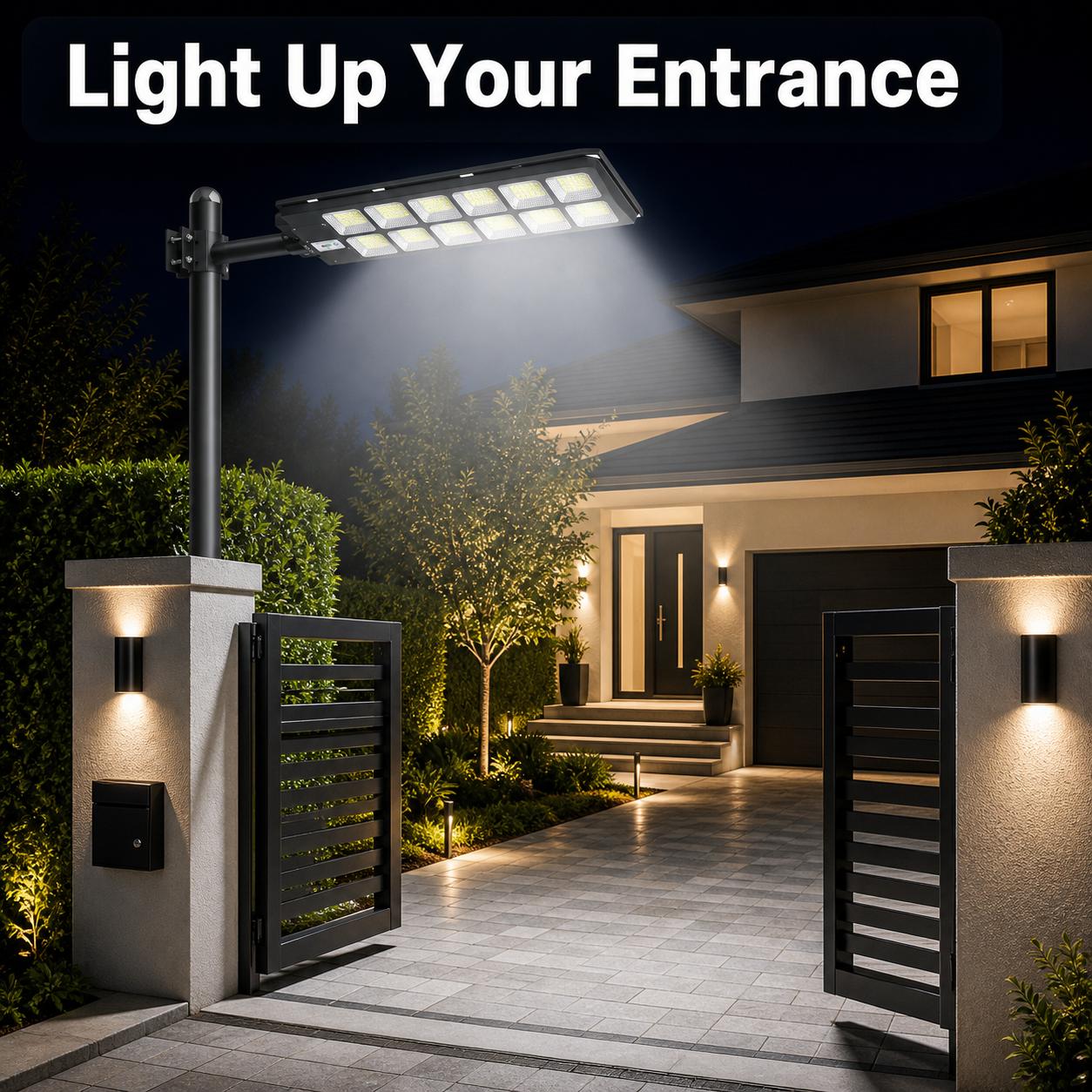 Outdoor Solar LED Street Light with Motion Sensor, IP65 Waterproof Dusk to Dawn Security Light, Remote Control for Garden, Garage, Farm, Patio, Parking Area
