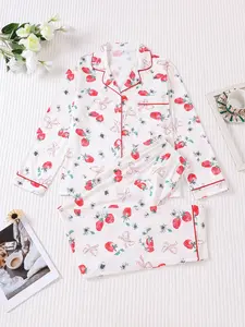 2 Pieces Of Women's Strawberry Printed Long Sleeved Pants Pajama Set with Lapel Top, Pocket Elastic Waistband Suitable for All Seasons, Fashionable, Comfortable, Popular, Energetic, Elegant Home Wear, Loungewear