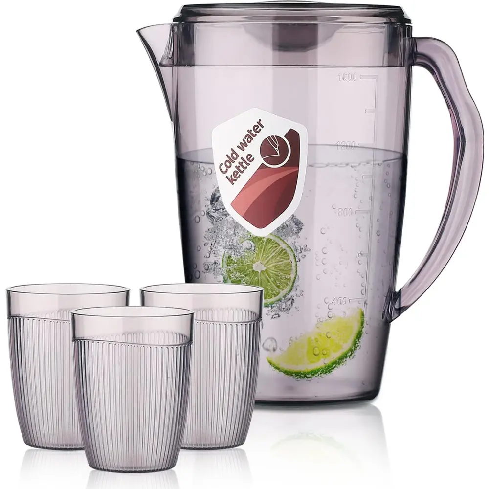 Gray Plastic Water Pitcher with Lid - 60 Oz/1.8L Beverage Jug, Heat-Resistant Pour Container Set with 3 Cups for Iced Tea, Coffee, Water Jugs