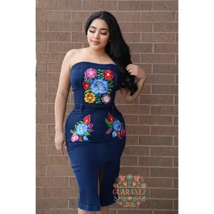 Remi Denim Strapless Embroidery Dress