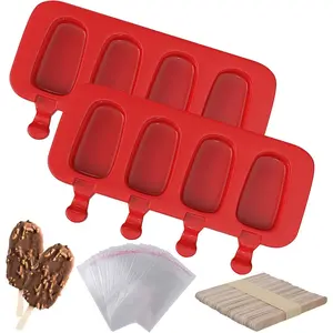 2 Pack Popsicles Molds, Homemade Cake Pop Molds Cakesicle Molds Silicone Popcical Molds, 4 Cavities Ice Pop Cream Molds Maker with 50 Wooden Sticks & 50 Popsicle Bags for DIY Popsicles