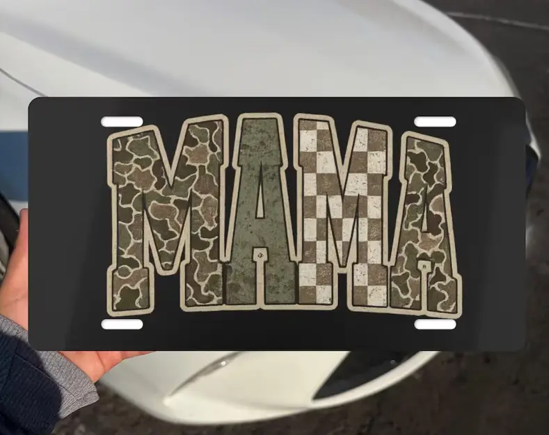 CAMO MAMA License Plate - Aluminum Vanity Front Car Tag for Trucks, SUVs - Camouflage Country Mom Auto Decor, Hunting Gifts for Her Mom Wife, 12x6 Inch Metal Plate