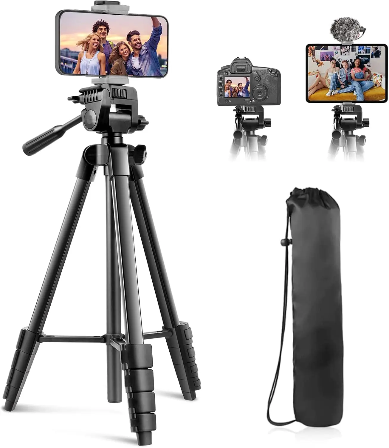 Sensyne 64" Camera Tripod Stand, Versatile Phone & iPad Tripod with Wireless Remote and 2-in-1 Phone Holder for Selfie/Video Recording/Photo/Live Stream/Vlog | 64-inch tripod stand, fits iPhone and iPad