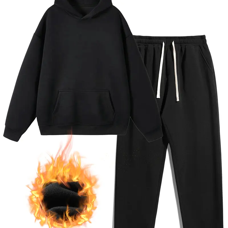 Men's 2-Piece Fleece-Lined Athleisure Gym Sweatsuit Set - Casual Sporty Set, Fitted Long Sleeve Hoodie, Regular Drawstring Joggers, Basic Plain Stylish Fit, Daily Leisure Tracksuits, 4-Season Outdoor Athleisure Gym Clothes