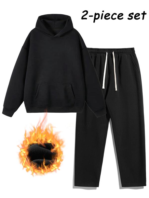 Men's Plain Two-Piece Sweatsuit Set, Fitted Casual Hoodie & Drawstring Pants, Thick Fabric for Fall/Winter, Everyday Wear Essentials Outfit Outdoor
