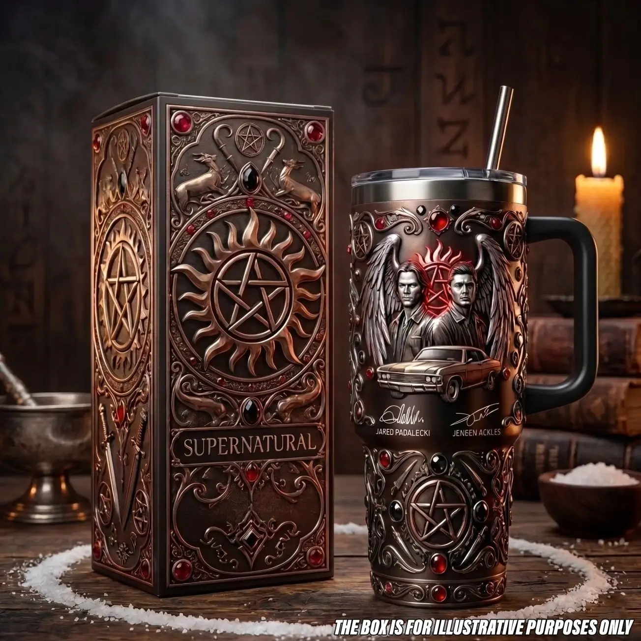 Supernatural Sam And Dean Winchester Tumbler with Handle, 40oz Insulated Stainless Steel Travel Mug Straw, Chevy Impala Anti Possession Pentagram Car Cup, TV Show Fantasy Apparel Drinkware, Vintage Retro Style Travel Coffee Mug Supernatural Fans