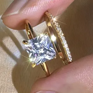 Shiny 14k gold plated fashion engagement ring set and white zirconia for bridal, wedding, engagement gifts