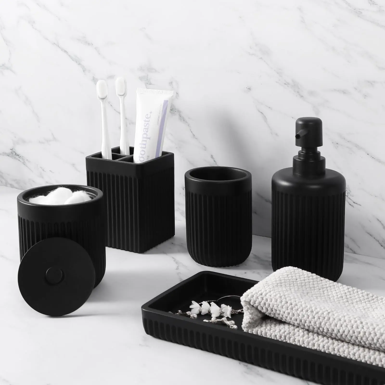 Durable 5-Piece White Marble Resin Bathroom Accessories Set - Lotion Soap Dispenser, Toothbrush Holder, Tumbler, Cotton Swab Holder, Vanity Tray - Countertop Organizer for Home Apartments