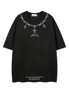 Men's Cross & Star & Letter Embroidery Half Sleeve Tee, Loose Oversized Casual Fashion Round Neck T-shirt for Summer, Men's Top for Daily Wear